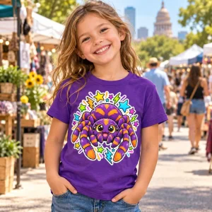 Cheerful 7-year-old girl wearing Purple Kids Sticker Spider graphic tee at a lively Austin street market