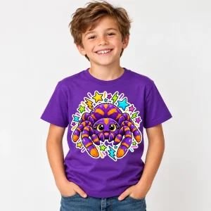Cheerful 8-year-old boy wearing Purple Kids Sticker Spider cute spider graphic tee in a bright studio