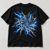 Front flat lay of black Storm Web lightning spider web shirt