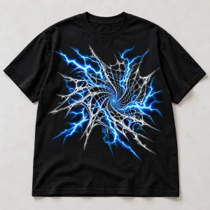 Front flat lay of black Storm Web lightning spider web shirt