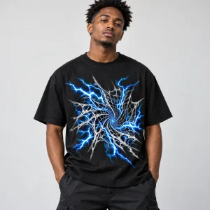 Model wearing black Storm Web heavyweight tee