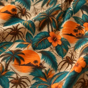 Close-up of Sunset Spider Aloha fabric showing spiders, web strands, teal palms and burnt orange sunset print