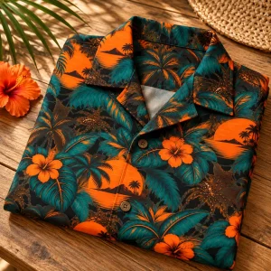 Folded Sand Sunset Spider Aloha shirt showing teal leaves, burnt orange sunsets and spider artwork