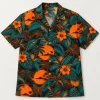 Front flat lay of Sand Sunset Spider Aloha spider aloha shirt with teal palms, orange sunsets and spiders