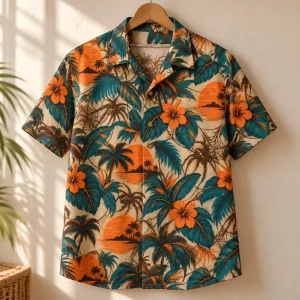 Sand Sunset Spider Aloha Hawaiian shirt hanging on wooden hanger with all-over spider and palm print