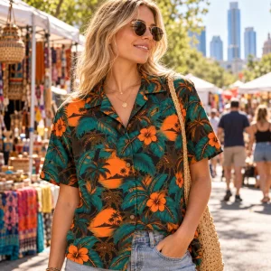 Lifestyle view of woman wearing Sand Sunset Spider Aloha shirt at a lively Austin street market