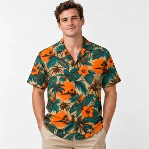 Model wearing Sand Sunset Spider Aloha shirt with retro tropical spider print