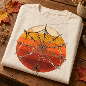 Folded Sunset Web 1977 vintage cream tee showing distressed spider web artwork and 1970s sunset stripes on a wooden table