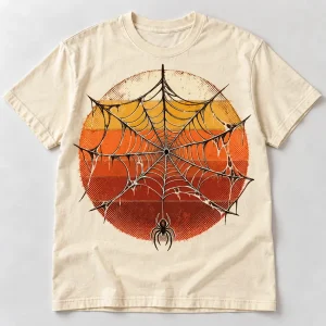 Front flat lay of Sunset Web 1977 vintage spider web shirt in vintage cream with distressed orange mustard and rust sunset graphic