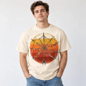 Man wearing Sunset Web 1977 vintage cream heavyweight tee with large distressed spider web and retro sunset print