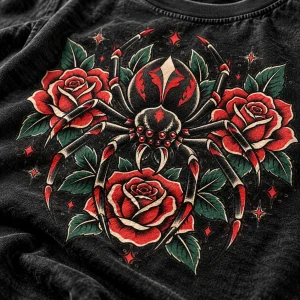 Close-up of Tattoo Flash Spider print showing cotton texture, red roses and detailed spider artwork