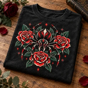 Folded washed black Tattoo Flash Spider shirt on a wooden table with rose-inspired props