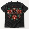 Front flat lay of washed black Tattoo Flash Spider tattoo spider shirt with red roses and green leaves