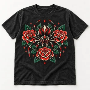 Front flat lay of washed black Tattoo Flash Spider tattoo spider shirt with red roses and green leaves