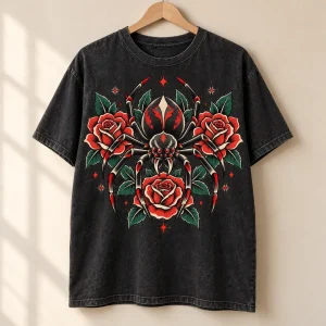 Tattoo Flash Spider washed black unisex tee displayed on a natural wooden hanger