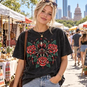 Blonde woman wearing Tattoo Flash Spider washed black tee at an Austin street market