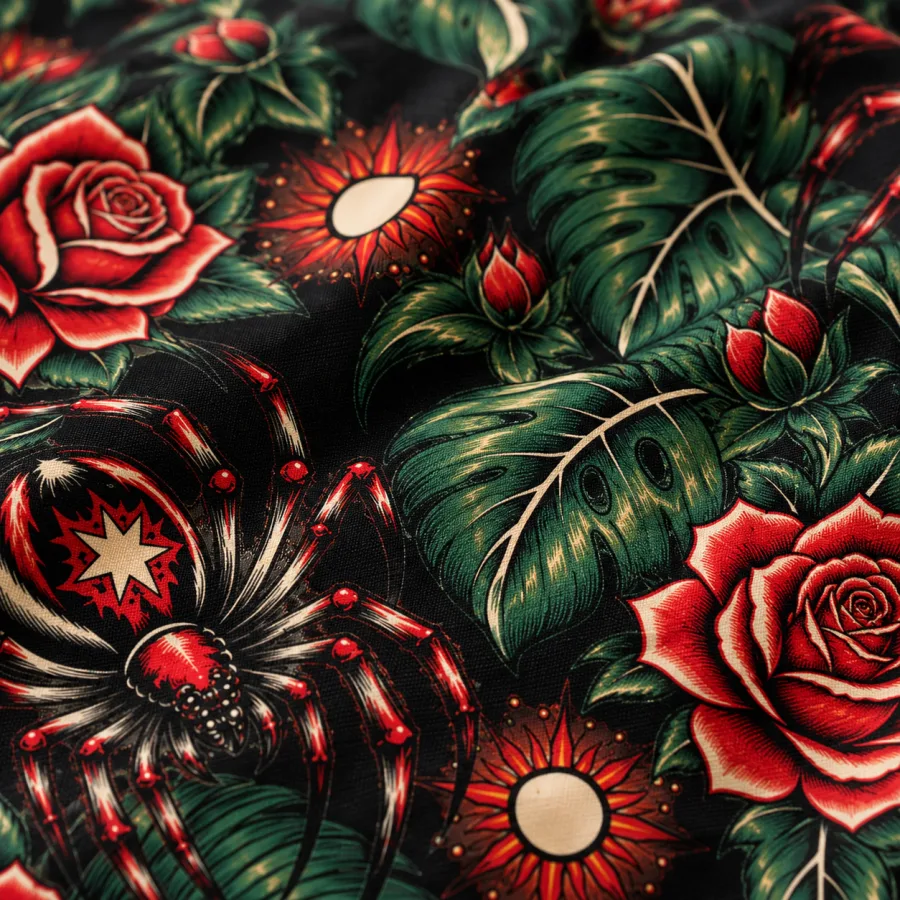 Close-up of tattoo-flash spider, red rose and tropical leaf motifs