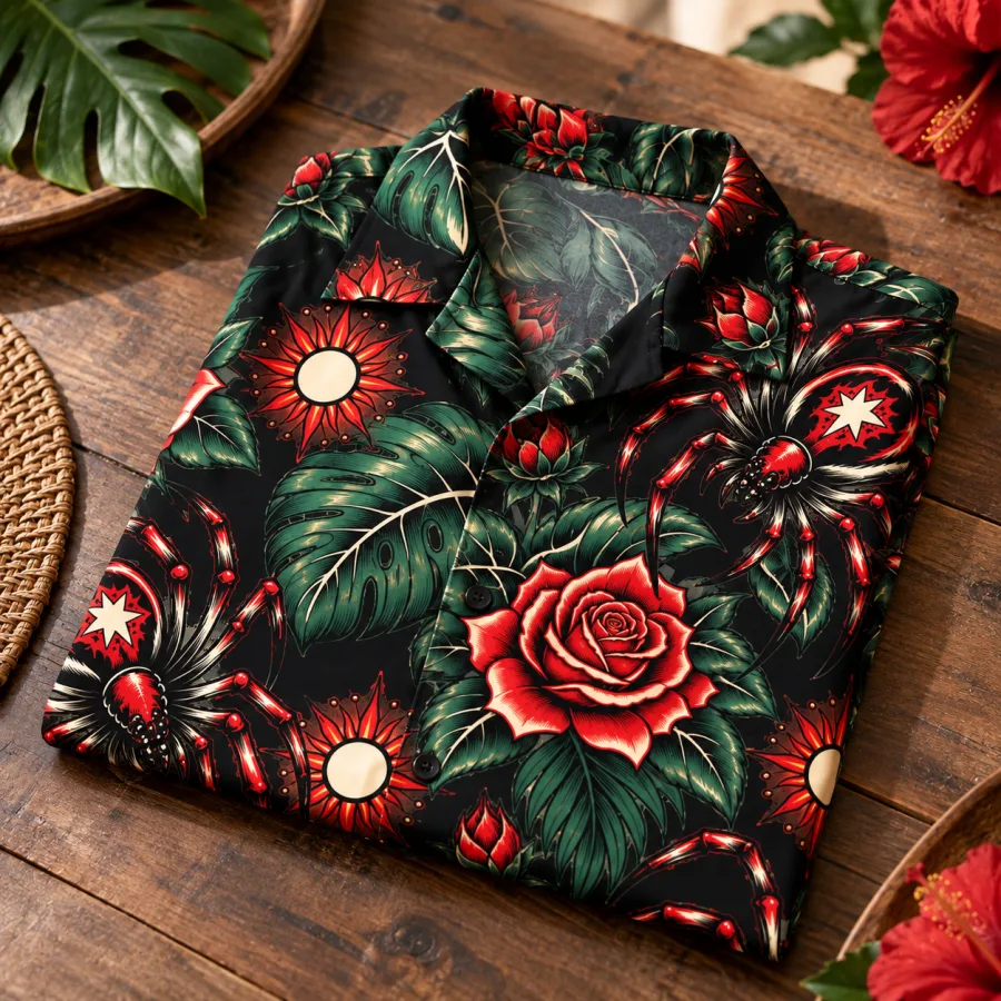 Folded Tattoo Flash Tropics shirt showing the scattered flash pattern