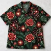 Front flat lay of black Tattoo Flash Tropics tattoo spider Hawaiian shirt