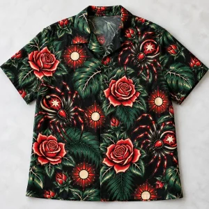 Front flat lay of black Tattoo Flash Tropics tattoo spider Hawaiian shirt