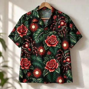 Black Tattoo Flash Tropics Hawaiian shirt on a wooden hanger