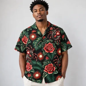 Man wearing Tattoo Flash Tropics Hawaiian shirt open over a white tank