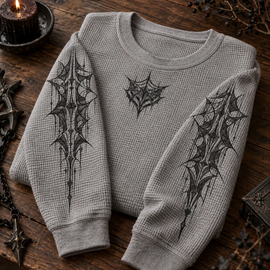 Folded Heather gray Thermal Web Grid spider thermal shirt showing chest crest and printed sleeves