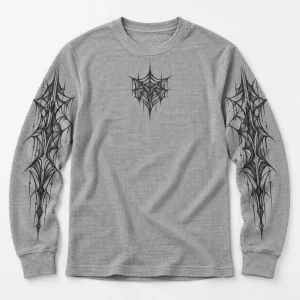 Front flat lay of Heather gray Thermal Web Grid spider thermal shirt with dark chest crest and sleeve prints