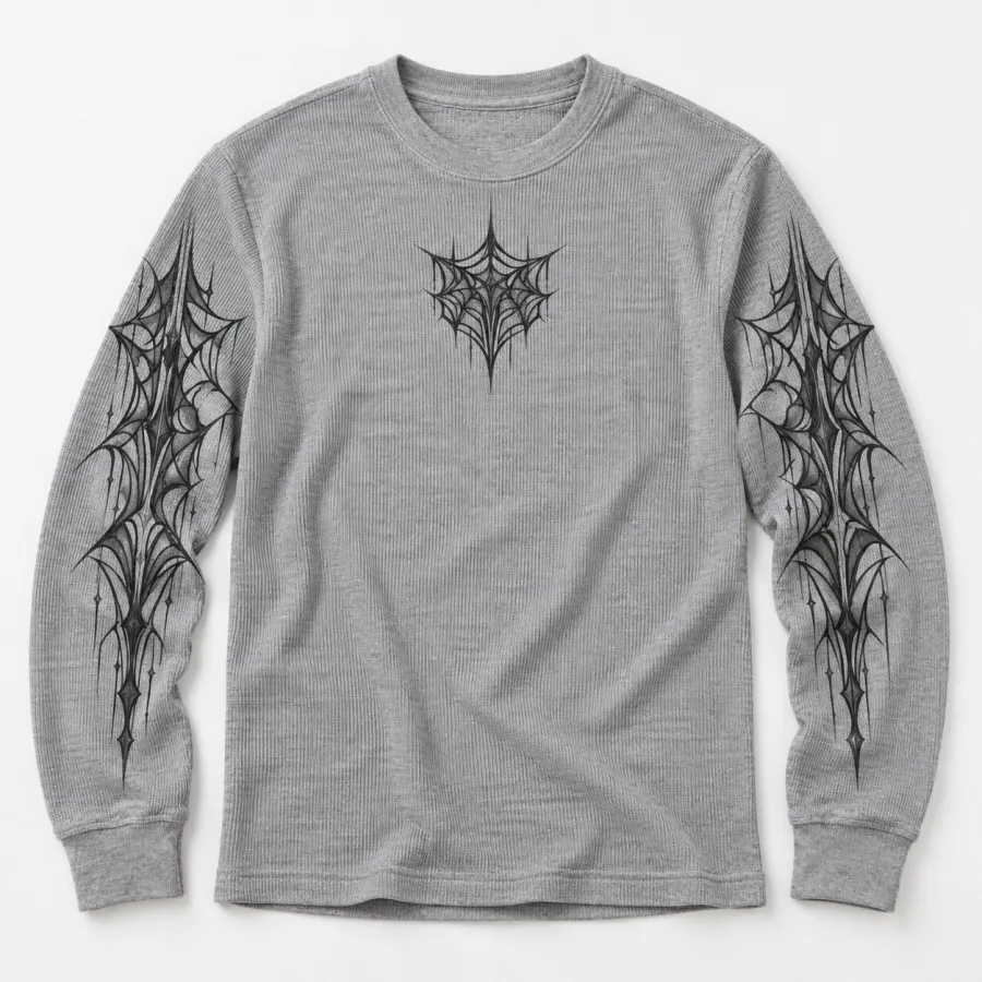 Front flat lay of Heather gray Thermal Web Grid spider thermal shirt with dark chest crest and sleeve prints