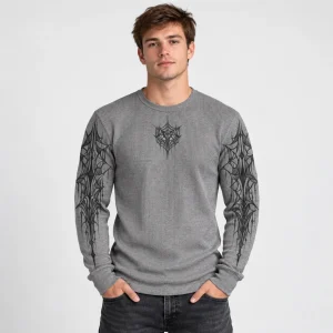 Heather gray Thermal Web Grid waffle thermal long sleeve on wooden hanger with dark web graphics