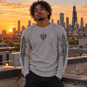 Lifestyle photo of Thermal Web Grid spider thermal shirt worn with chest crest and sleeve web graphics visible