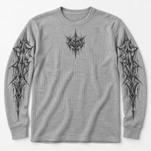 Model wearing Heather gray Thermal Web Grid spider thermal shirt with geometric chest and sleeve artwork
