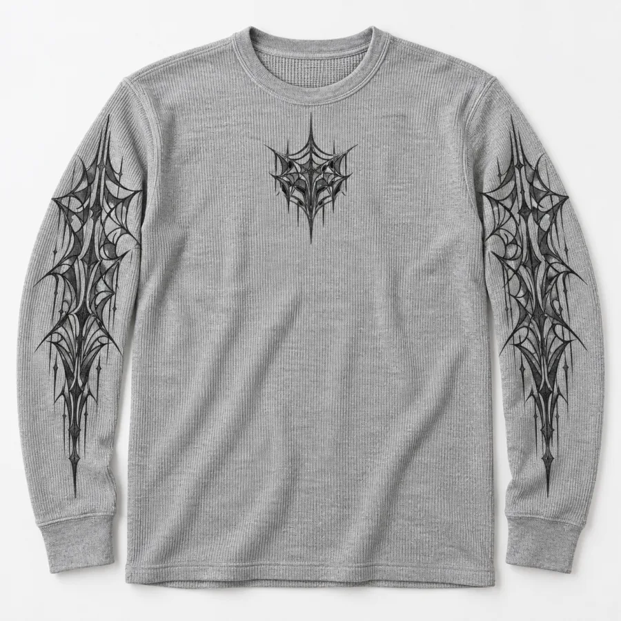 Model wearing Heather gray Thermal Web Grid spider thermal shirt with geometric chest and sleeve artwork