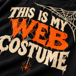 Close-up of This Is My Web Costume print showing cream and orange ink details on black tee fabric