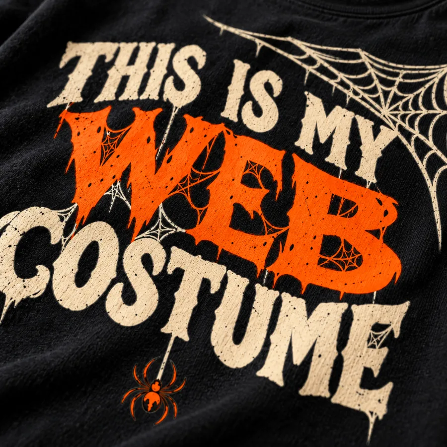 Close-up of This Is My Web Costume print showing cream and orange ink details on black tee fabric