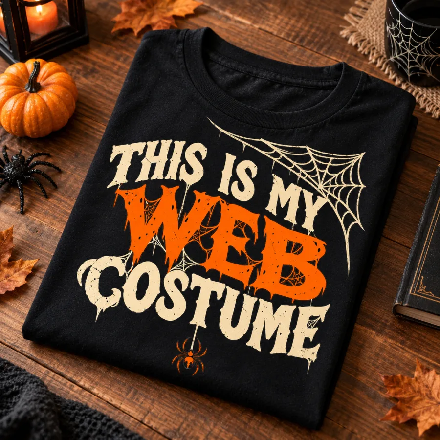 Folded black funny spider Halloween shirt showing cream and orange spider web graphic on a wooden table