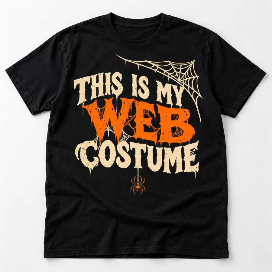 Front flat lay of black funny spider Halloween shirt with This Is My Web Costume cream and orange graphic
