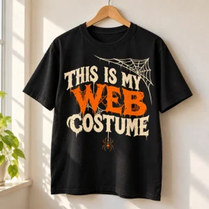 Black This Is My Web Costume spider Halloween tee displayed on a natural wooden hanger