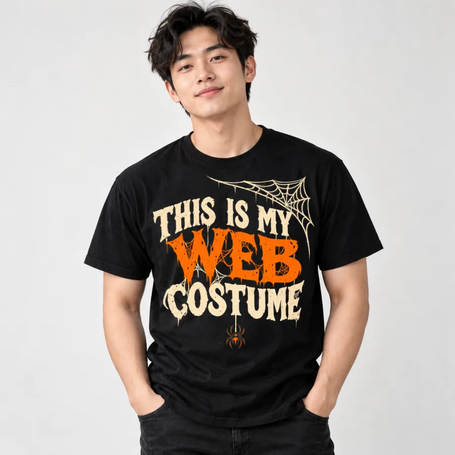 Model wearing black funny spider Halloween shirt with bold cream and orange web costume design