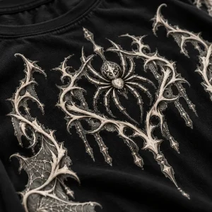 Close-up of bone-white thorny vines turning into spider webs on the sleeve