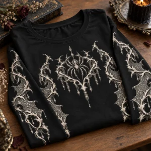 Folded black gothic spider long sleeve shirt with chest spider