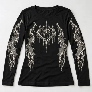 Front flat lay of black Thorn Web Sleeve gothic spider long sleeve shirt