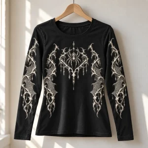 Black Thorn Web Sleeve women's long sleeve on a hanger
