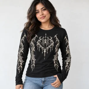 Woman wearing black Thorn Web Sleeve long sleeve tee with sleeve art visible
