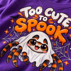 Close-up of Tiny Ghost Spider print showing white and orange artwork and purple cotton fabric texture