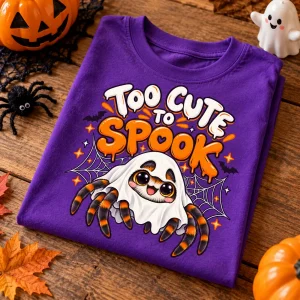 Folded purple kids cute Halloween spider shirt on wooden table with seasonal Halloween props