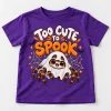 Front flat lay of purple kids cute Halloween spider shirt with Tiny Ghost Spider TOO CUTE TO SPOOK design