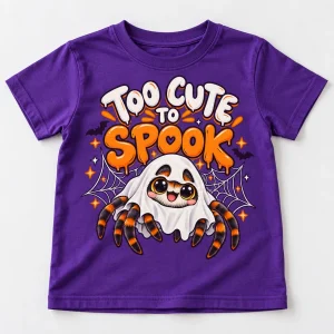 Front flat lay of purple kids cute Halloween spider shirt with Tiny Ghost Spider TOO CUTE TO SPOOK design