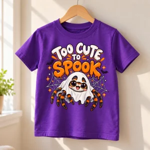 Purple kids Tiny Ghost Spider Halloween tee displayed on a natural wooden hanger