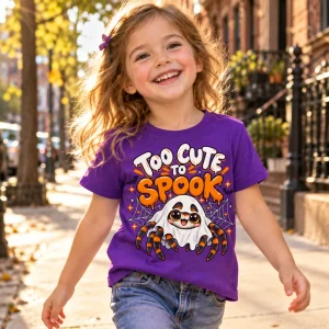 Happy young child wearing purple Tiny Ghost Spider Halloween shirt outdoors on a sunny New York City street